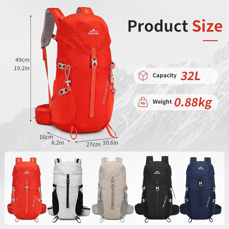 JIDIZHE 32L Hiking Backpack with Internal Frame & Rain Cover - Red004, Lightweight Daypack for Hiking, Camping & Travel