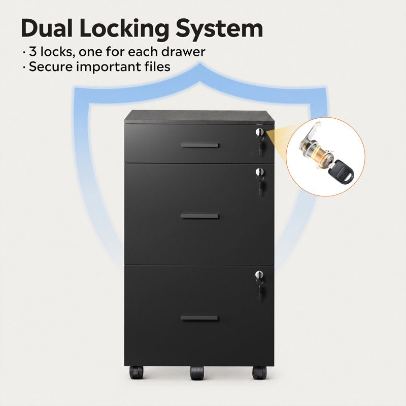 3 Drawer Lockable File Cabinet for Home Office, Mobile Storage with Keys