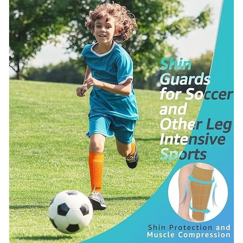 Shin Guards for Soccer Kids & Adults with Honeycomb EVA Padding - L Orange (1 Pair) - Calf Compression Sleeve