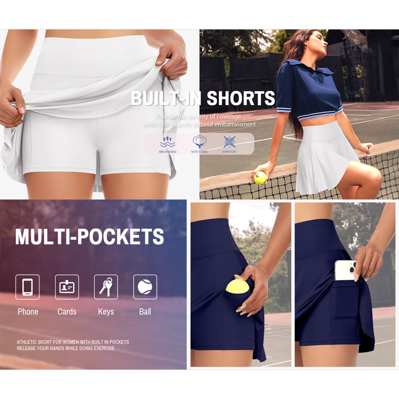 Pleated Tennis Skirt for Women with Shorts & Pockets High Waisted Athletic Skort