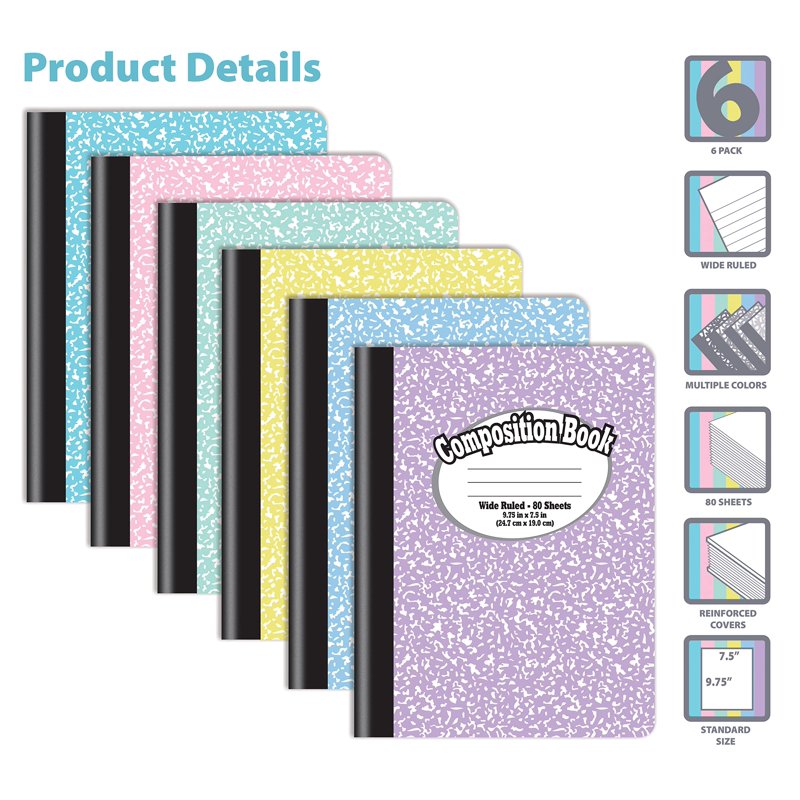 Set of 4 Pastel Composition Notebooks - Wide-Rule, 80 Sheets, 160 Pages
