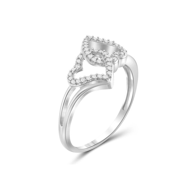 Sterling Silver Double Heart Ring with White Diamonds – Multiple Sizes