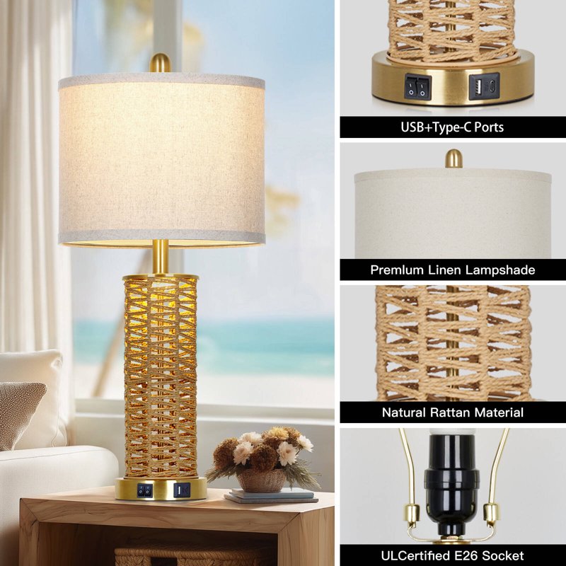 Set of 2 27-Inch Rattan Woven Table Lamps with USB Ports and Dual Switches