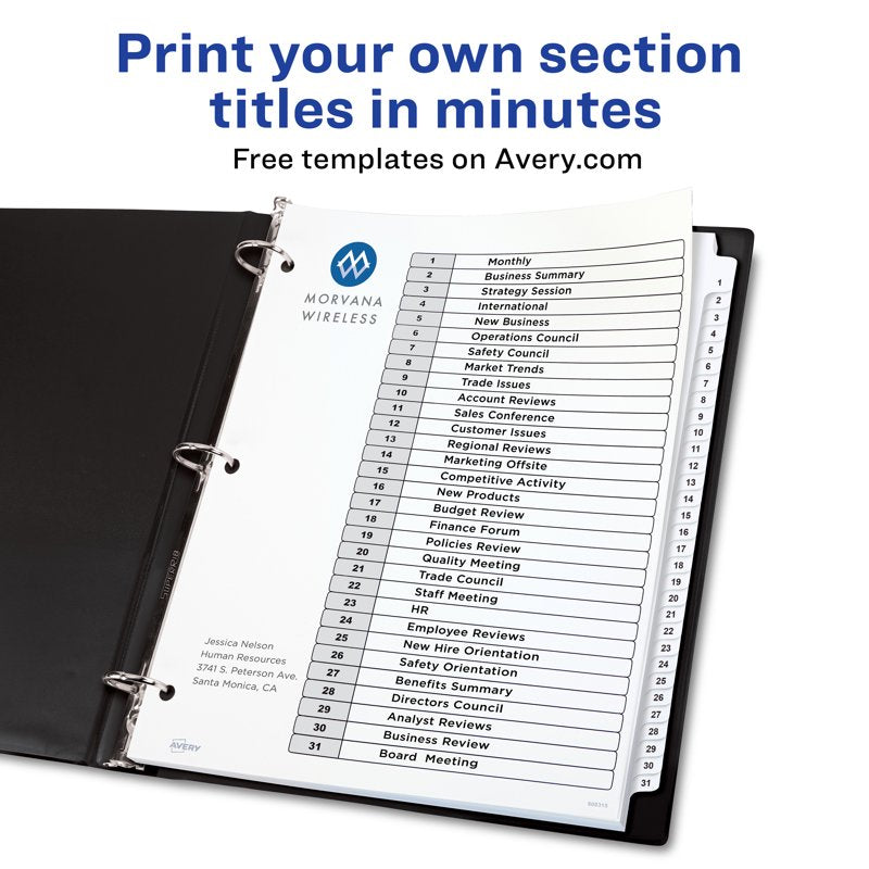 Office Binder Dividers with Tabs - 31 Sections, Reinforced, Printable, 2 Pack