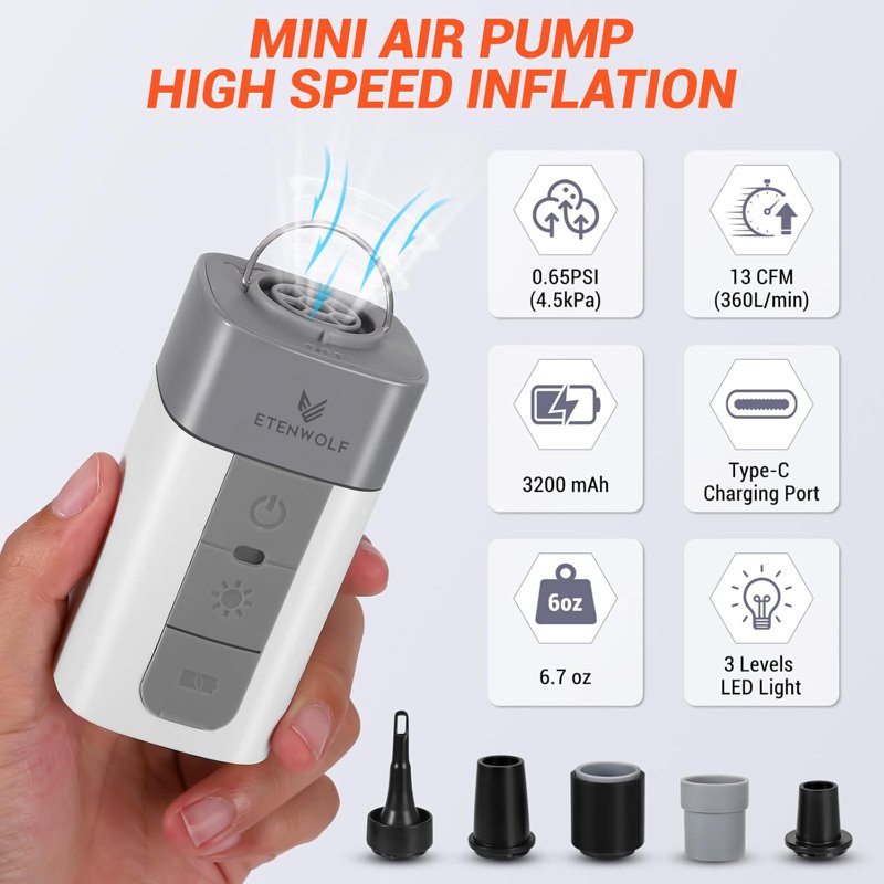 Portable Mini Air Pump with 3200mAh Battery for Inflatables, Fast Inflation & Deflation