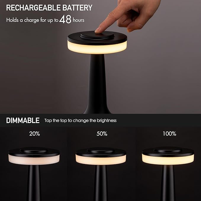 Cordless Rechargeable LED Table Lamp with Touch Dimming - Portable Nightstand Light