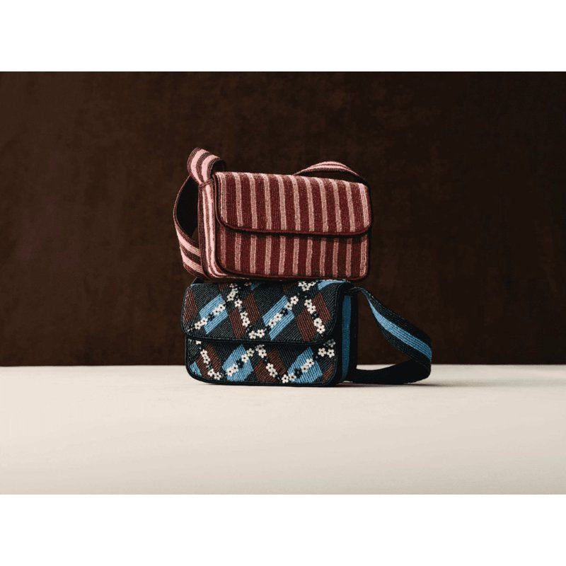 Beaded Argyle Shoulder Bag for Women - Preppy Style, Whimsical Flower Accents