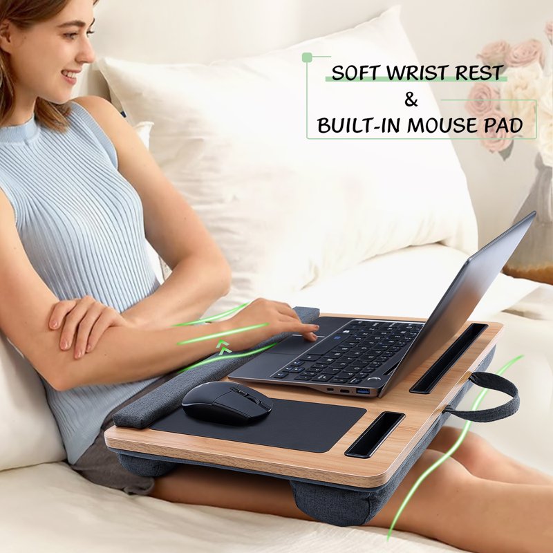 Coliware 21.6 inch Lap Desk with Dual Cushion, Wood Grain — Built-in Mouse Pad & Phone Storage