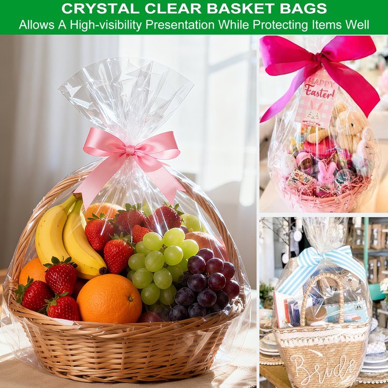 Large Clear Cellophane Gift Bags 30x40 Inch - Bulk Pack of 5 Heavy Duty Wraps for Baskets & Party Favors