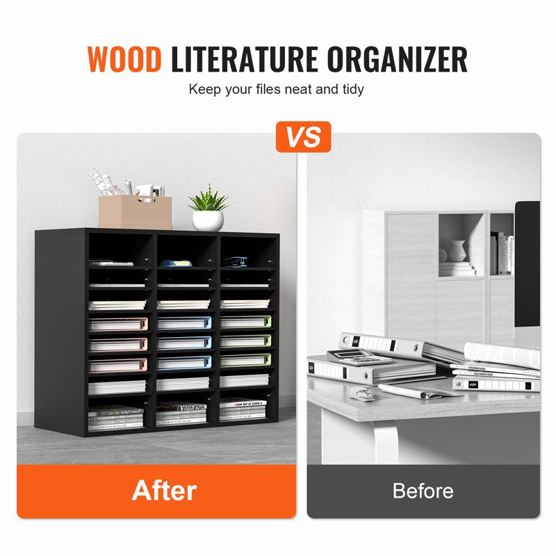 Wooden Document Storage Box with 24 Adjustable Compartments - Black