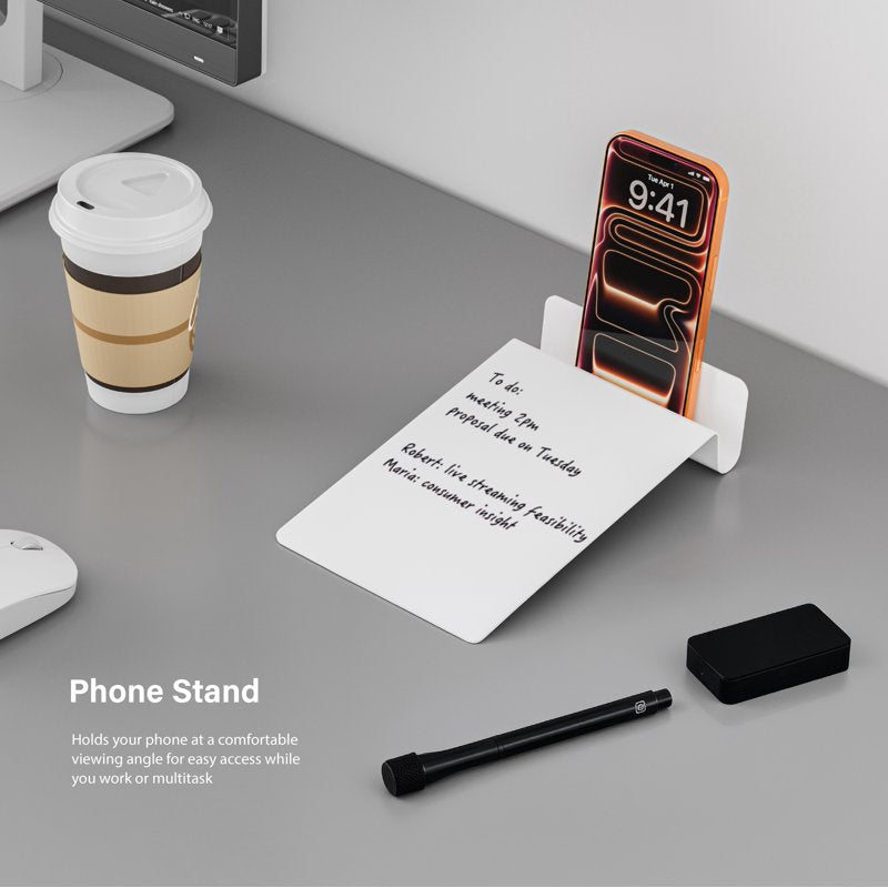 Magnetic Dry Erase Whiteboard with Phone Stand - Reusable Office Memo Board, Includes Markers & Eraser