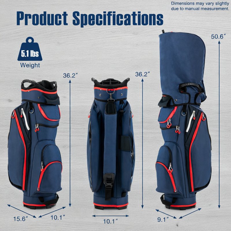 Golf Cart Bag 9.5-Inch 14-Way Divided with Rain Hood, Nylon Travel-Ready