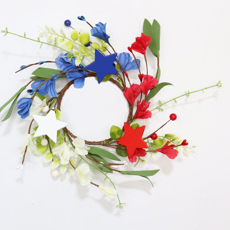 Patriotic Candle Ring Wreath for 4th of July Memorial Day Decor - Red White Blue Floral & Star Accents