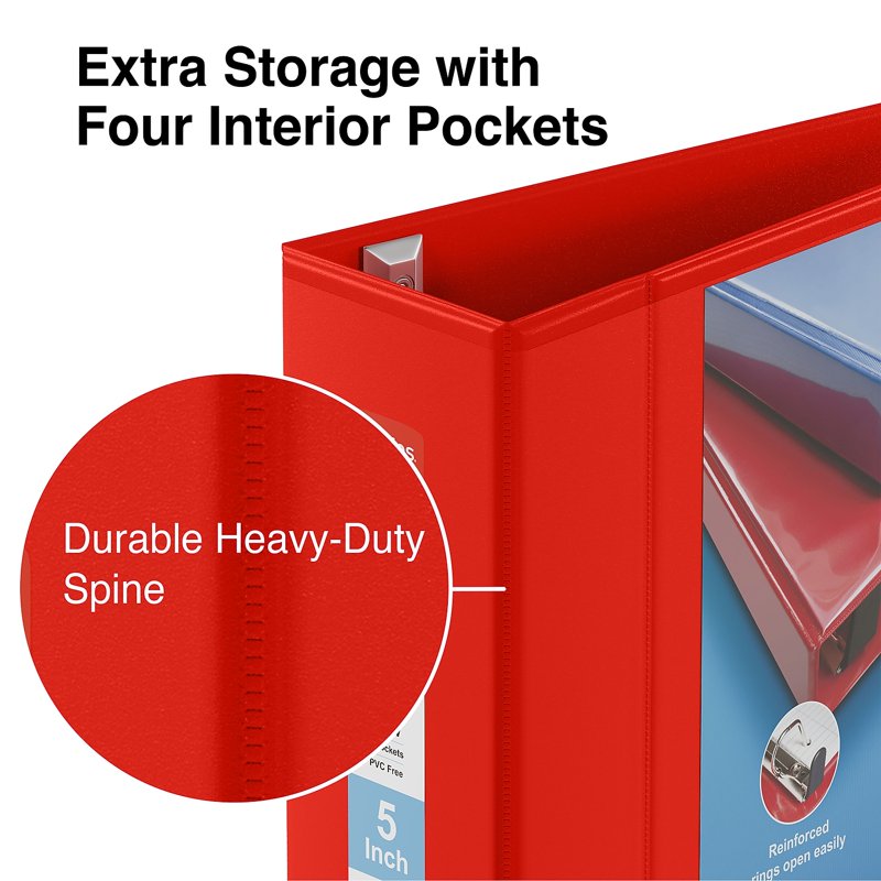 Heavy Duty 5-Inch 3-Ring View Binder - Red, 950-Sheet Capacity