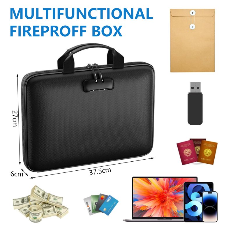 Fireproof Document Box with Lock - Hard Shell Case for Important Files & Valuables