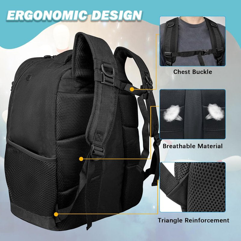 WOLT 2-Ball Bowling Backpack Bag with Protective Foam & Shoe Compartment – Black