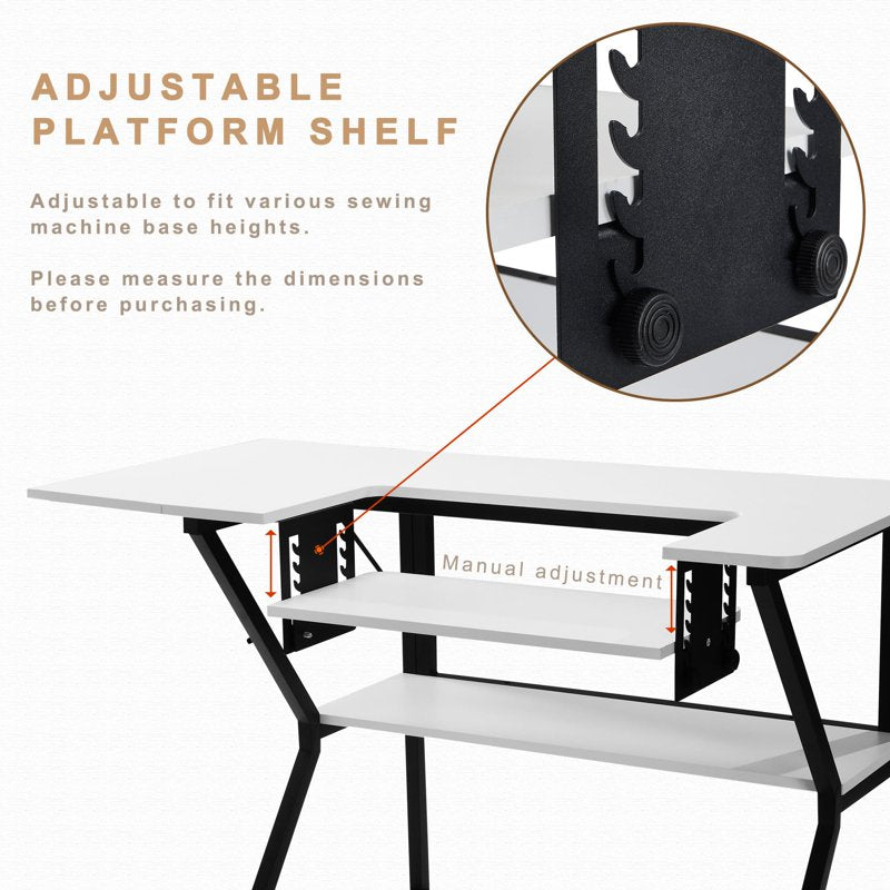 Large Sewing Table with Adjustable Platform & Storage Shelf - Vividwood