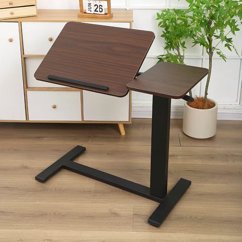 Overbed Table Folding Laptop Desk with Wheels - Walnut & Black, Height Adjustable, Tilting Bedside Table