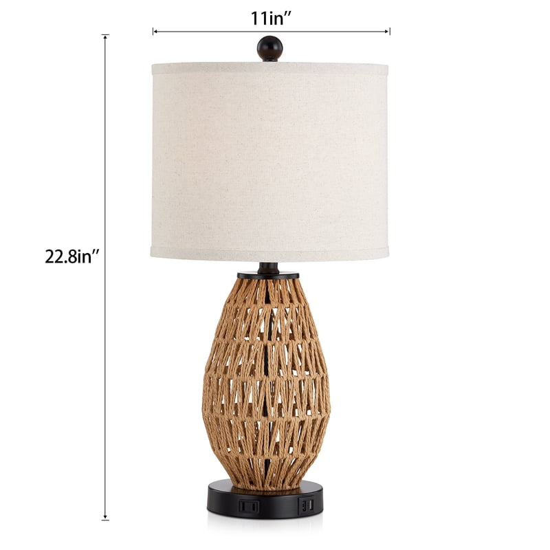 Modern Rattan & Linen Table Lamps with USB & AC Outlet - Touch Control, Dimmable Nightstand Lighting