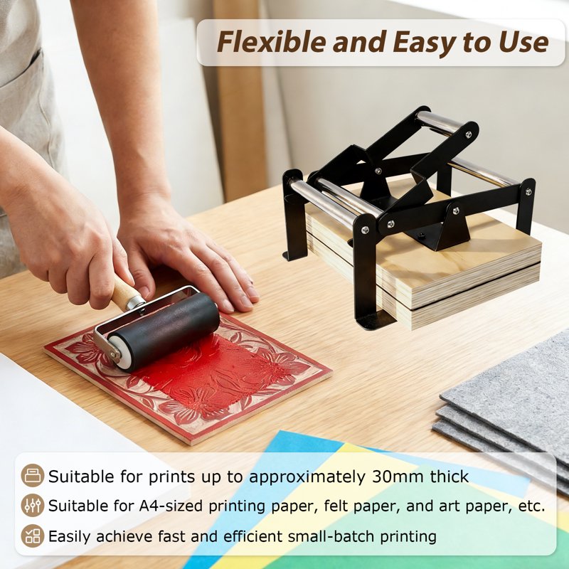 A4 Linocut Printing Press Machine with Rubber Roller & Felt Pads for Art & Craft