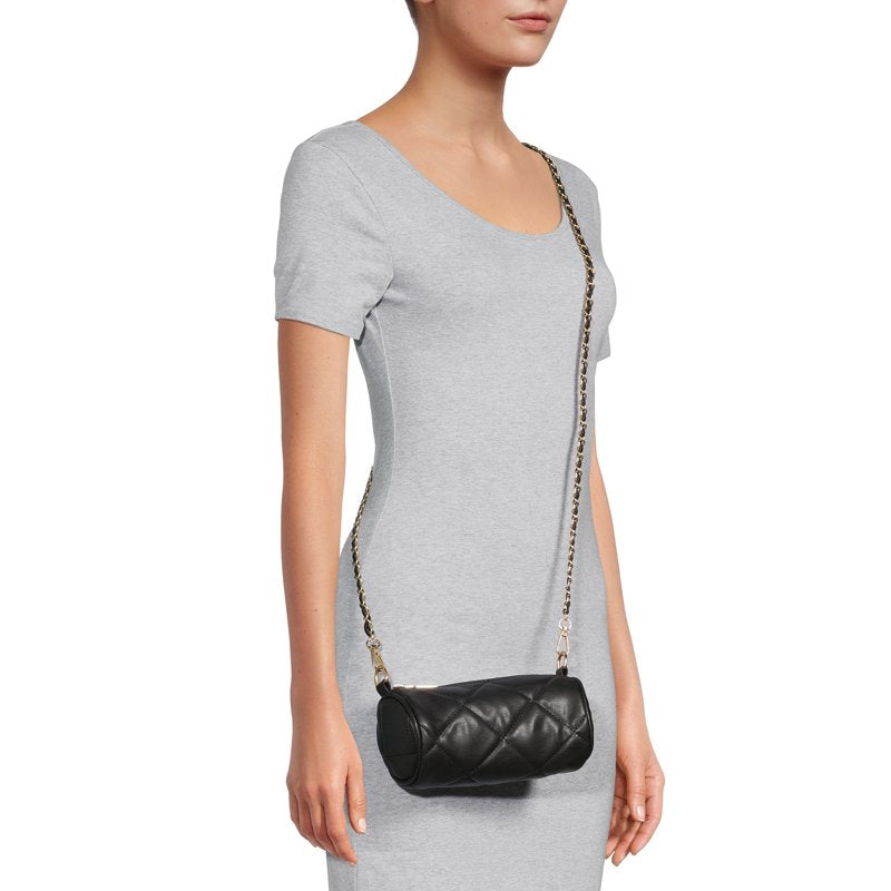 Small Quilted Faux Leather Barrel Bag with Gold Chain Strap - Black