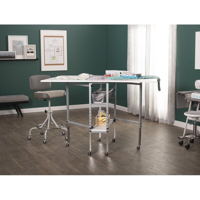 Height Adjustable Foldable Craft Table with Sewing Storage and Cutting Grid