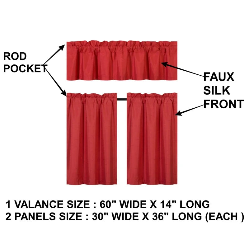 Faux Silk Blackout Kitchen Curtain Set - 3-Piece Window Treatment with Rod Pocket