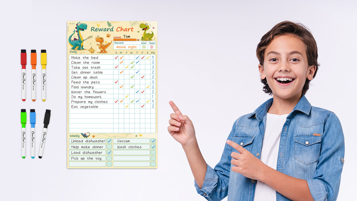 Dinosaur Themed Dry Erase Chore Chart Whiteboard with 6 Markers - Reusable Kids Reward System