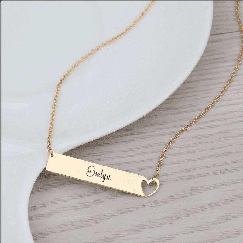 Personalized Name Necklace - Engraved Heart Bar Jewelry in Silver, Gold & Rose Gold