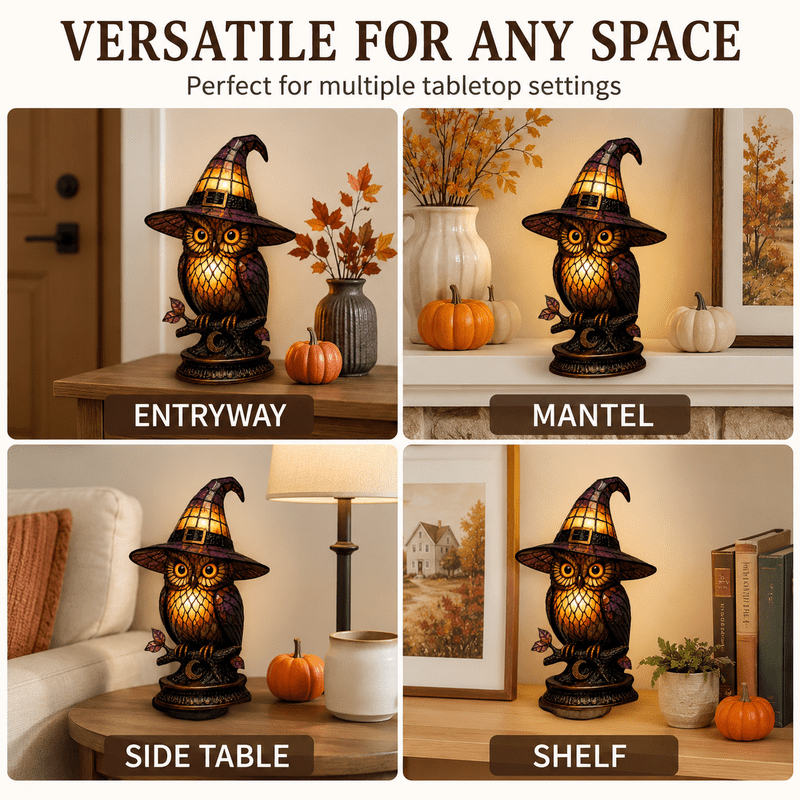 Halloween Witch Owl Night Light - Stained Glass Style LED Table Lamp for Desk & Decor
