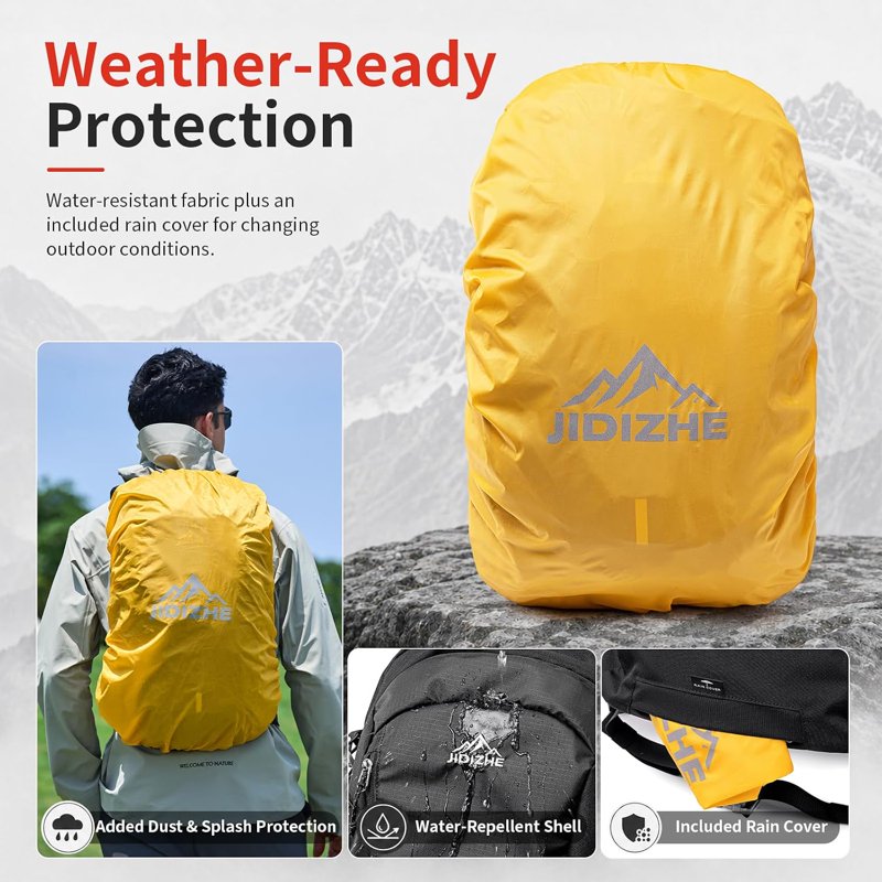 JIDIZHE 35L Hiking Backpack Black003 – Water-Resistant Daypack with Rain Cover, Lightweight, Adjustable Chest Strap