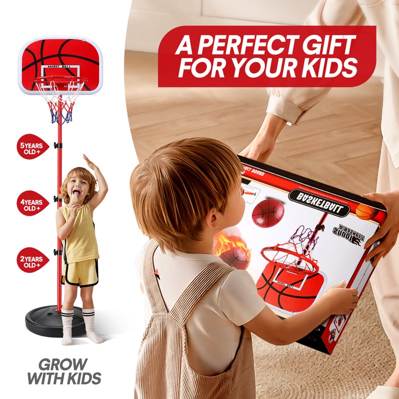 Kids Indoor & Outdoor Adjustable Basketball Hoop Set - Portable 2.8-5 FT