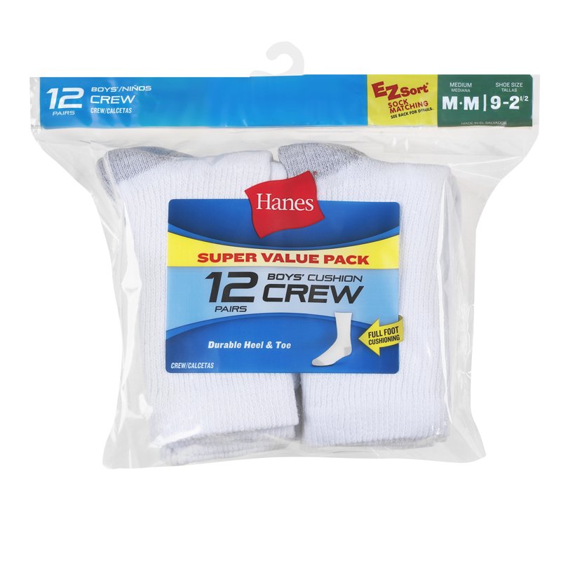 Hanes Boys' Crew Socks Pack - 12 Pairs, White, Double Tough Reinforced Heel & Toe