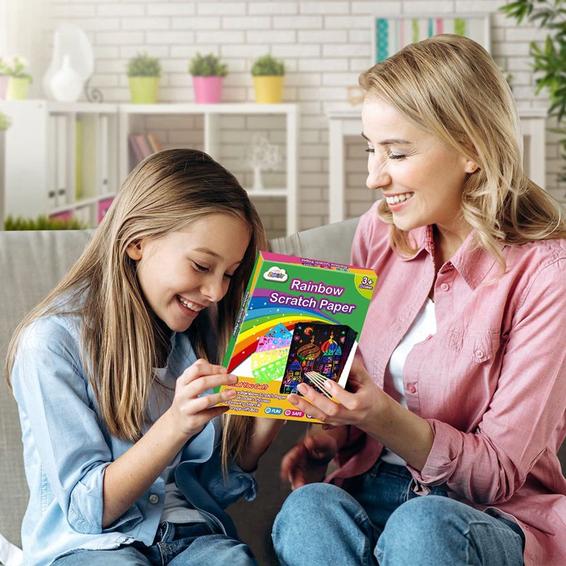 Rainbow Scratch Art Paper Kit for Kids with Wooden Stylus & Stencils
