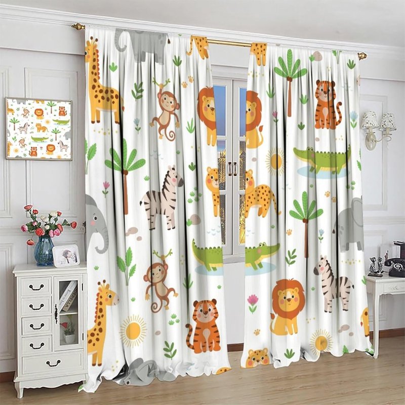 Kids Jungle Animal Curtains - Insulated Window Drapes for Nursery & Bedroom