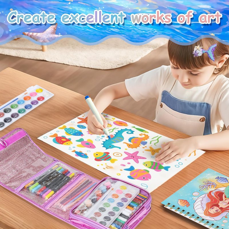 Kids Mermaid Art Set with Washable Markers and Stickers - Creative Craft Kit for Ages 3-12