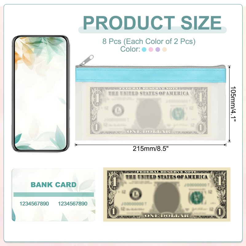 8.5x4 Inch Waterproof PVC Money Bags with Zipper - 8 Pack Clear Cash Deposit Pouches for Coins, Checks, Cosmetics, and Documents