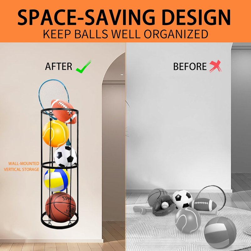 Wall-Mounted Ball Storage Rack for Basketball, Soccer, Volleyball, Football Organizer