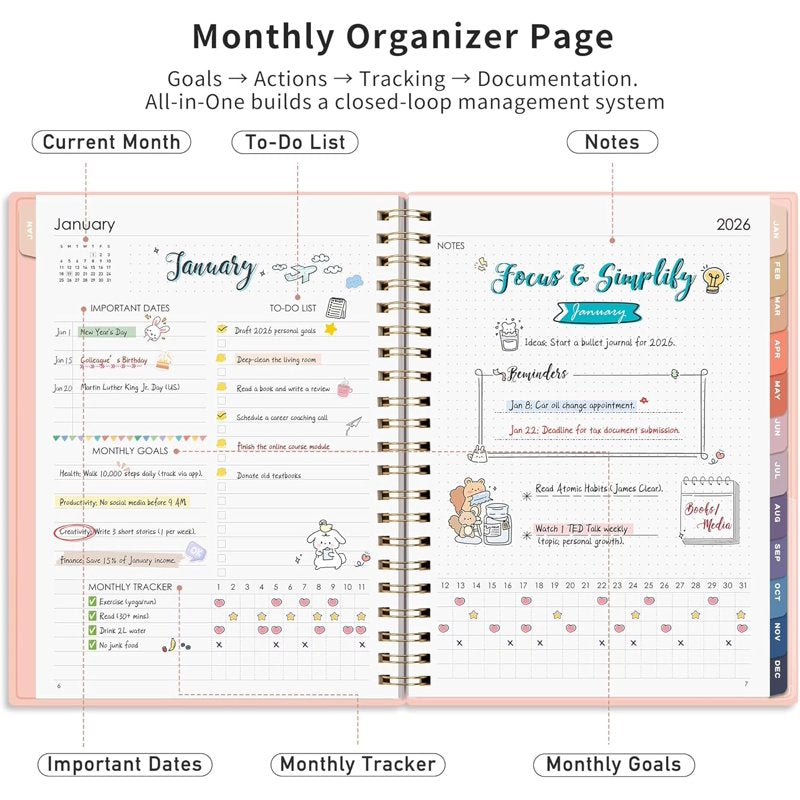2026-2027 Monthly Planner with Tabs, A5 Size, Flexible Cover, Agenda & Calendar
