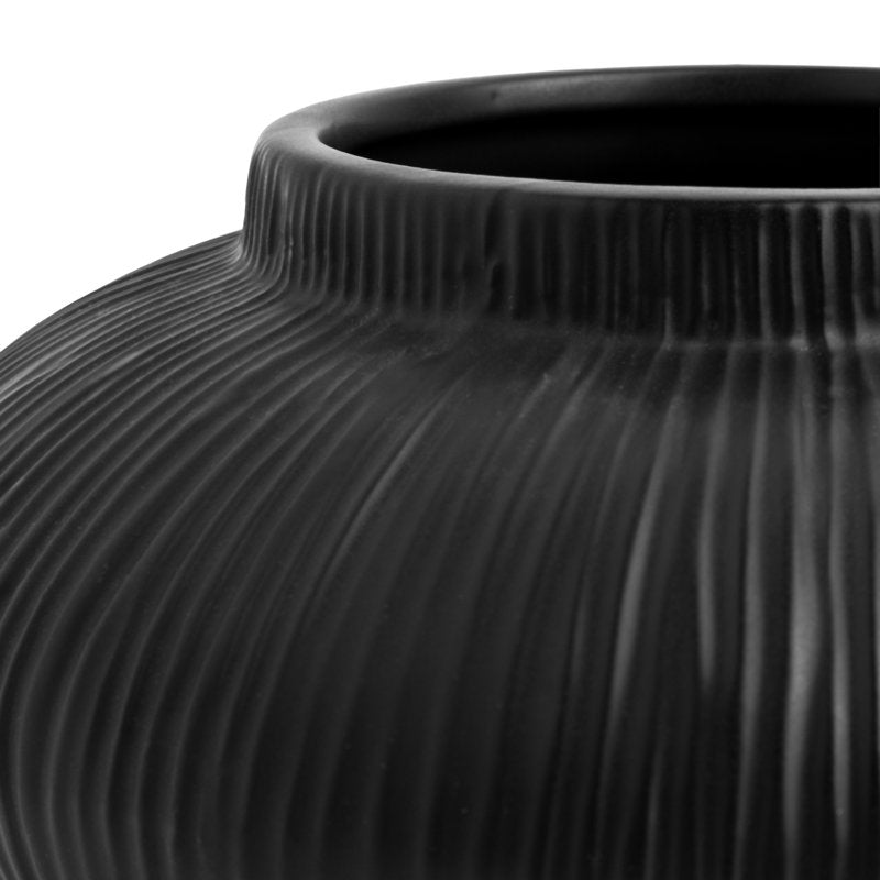 Black Ribbed Ceramic Decorative Vase - Modern Small Tabletop Accent, 4 inches