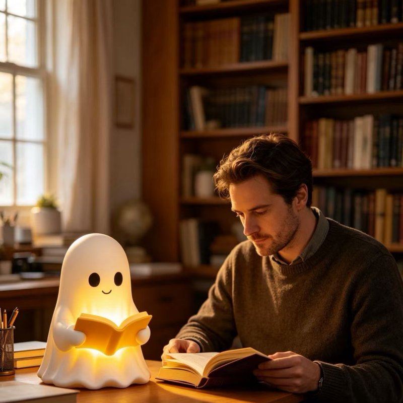 Ghost Reading Night Light Ornament - 5.9 Inch LED Halloween Decor for Bedroom & Desk