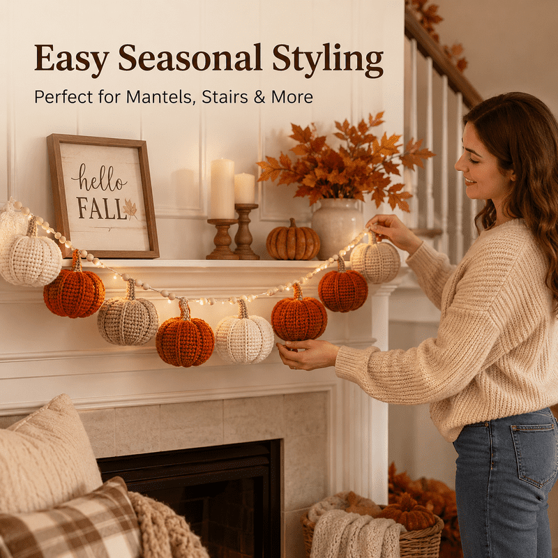 Fall Pumpkin Garland Lights 5.9 Ft Crochet String Decor for Mantel Wall Halloween Thanksgiving