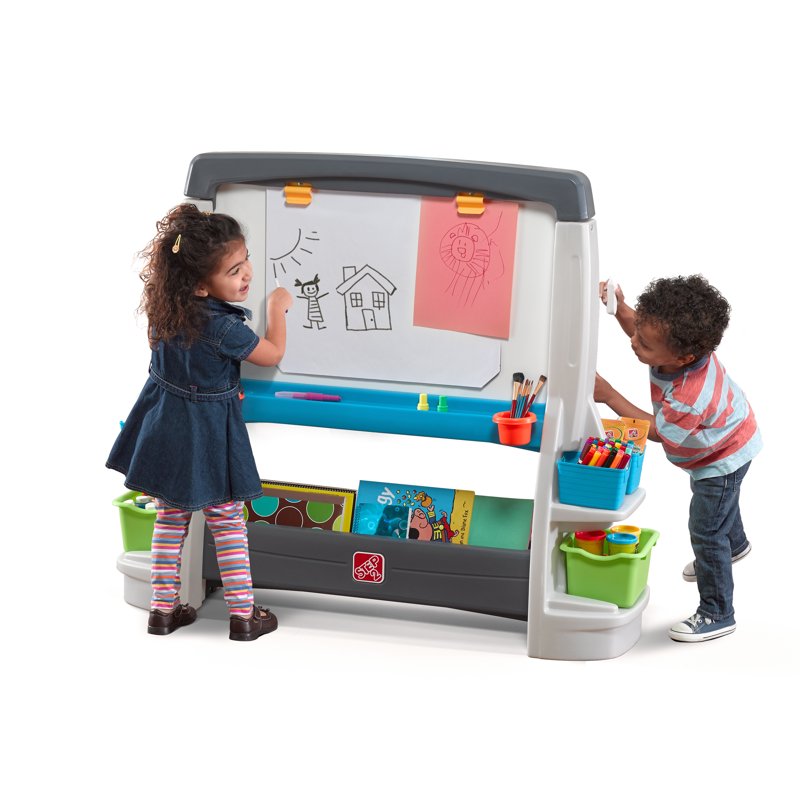 Kids Double-Sided Art Easel with Chalkboard and Whiteboard - Toddler Art Station
