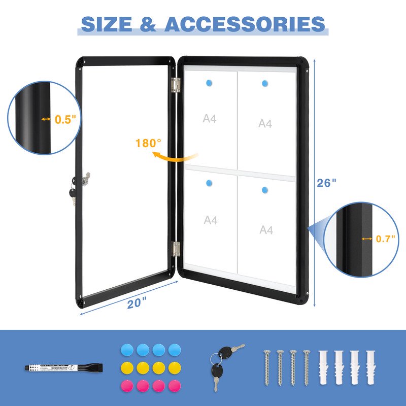 Lockable Magnetic Whiteboard Cabinet for Wall 26x20/36x24 - Tamperproof Dry Erase Noticeboard with Magnets