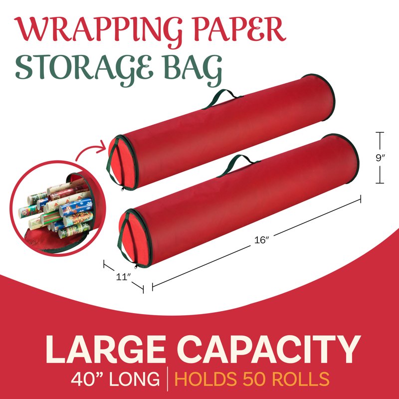 40-Inch Wrapping Paper Storage Bag 2-Pack – Holds Up to 50 Rolls, Red & Green
