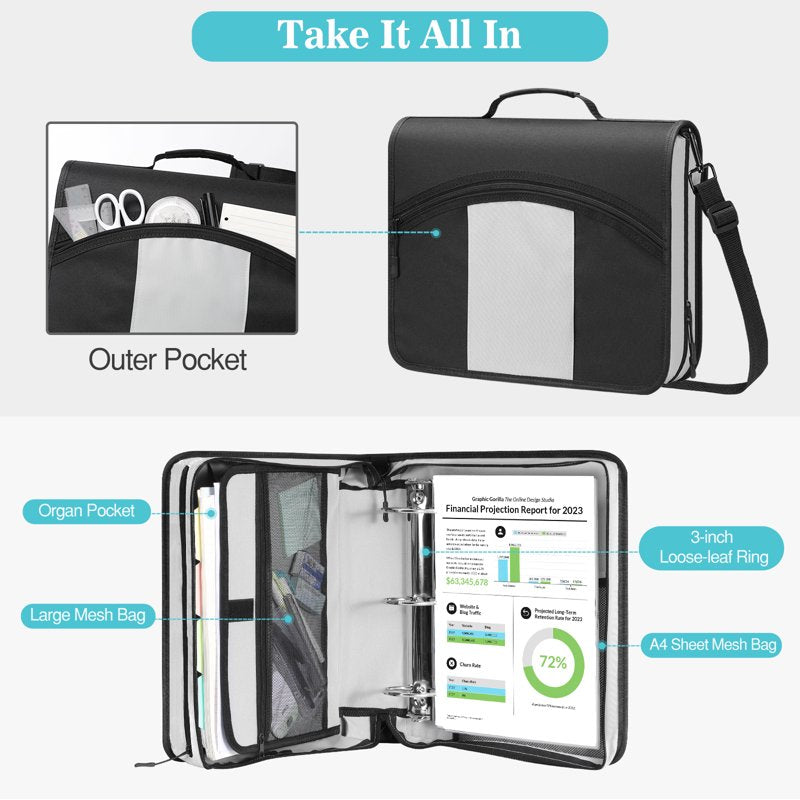 Zipper Binder Organizer with Shoulder Strap, 3-Ring Capacity, Water-Resistant Nylon, Holds Up to 600 Sheets, Multiple Colors