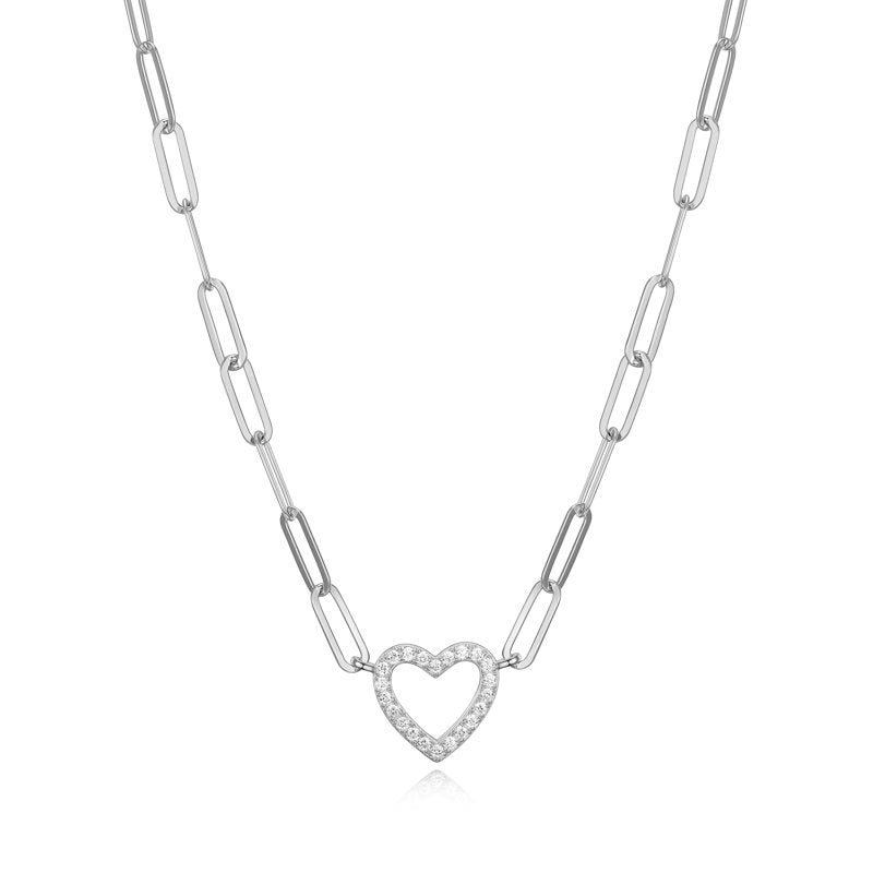 Sterling Silver Cubic Zirconia Heart Paperclip Necklace 18 Inches, Gift-Ready