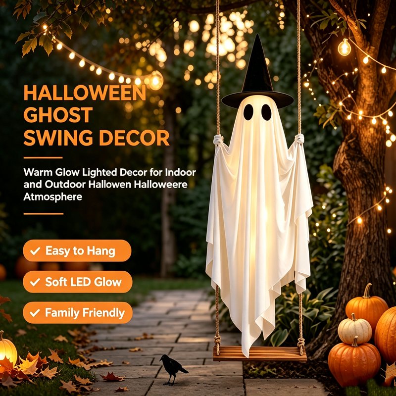 Outdoor Halloween Light-Up Ghost with Hanging Witch Hat | 4.3 ft Spooky Decor