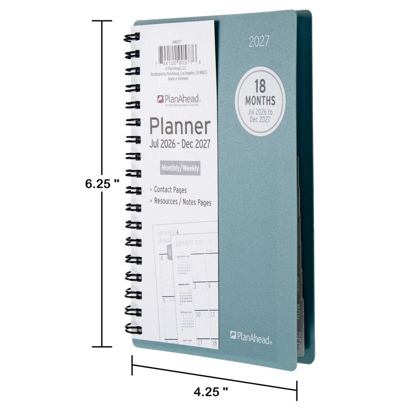 Small Monthly Weekly Planner - 18 Months Jul 2026-Dec 2027, Teal