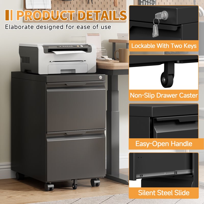 Metal File Cabinet with Lock and Wheels - Home Office Storage, 2-3 Drawer Options